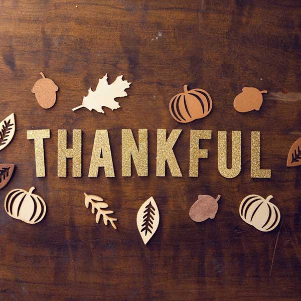 A cutout design of vegetables & alphabets that spells, "Thankful."
